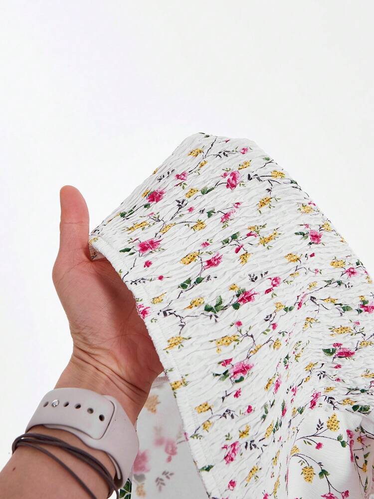Women'S Floral Print Short Puff Sleeve Shirt