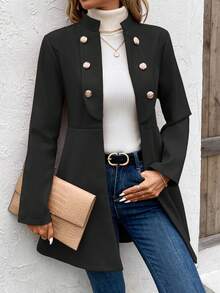 SHEIN LUNE 女用荷葉邊雙排扣大衣 - 黑色 - 查看 4