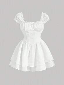 SHEIN MOD Plus Size Women's Ruched Bust Puff Sleeve Romper - White - View 1