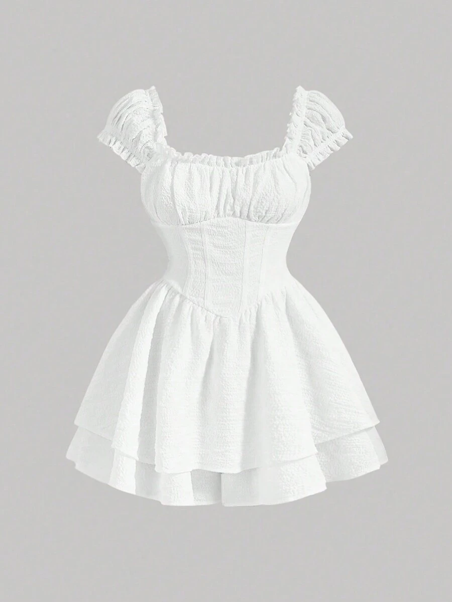 SHEIN MOD Plus Size Women's Ruched Bust Puff Sleeve Romper - White - View 1