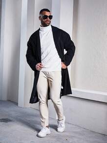 Manfinity Homme Men's Plus Size Trench Coat With Notched Collar, Tie And Belt - Black - View 3