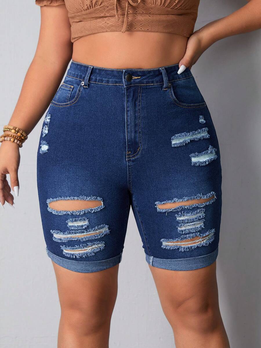 SHEIN Essnce Plus Size Ripped Skinny Denim Shorts - Dark Wash - View 1