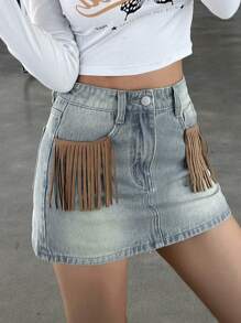 DAZY Women'S Contrast Color Fringed Decor Washed Denim Skirt Jeans Skirt - Blue - View 6