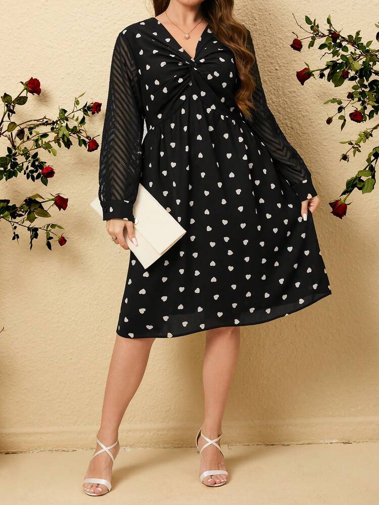 Plus Size Women'S Heart Printed Mesh Long Sleeve Dress Fall Cloth For Women