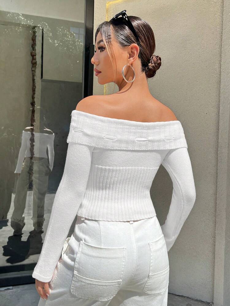 Women's Off Shoulder Creative Tie Up Knit Pullover Fall Winter Sweater