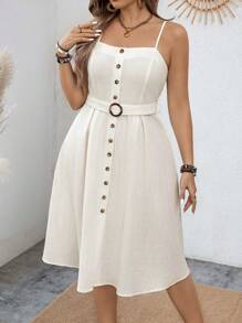 SHEIN Clasi Kích thước lớn Nút phía trước Thắt lưng Váy Dây - trắng - Xem 3