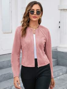 SHEIN Clasi 女士拉鍊前開長袖外套 - 酒紅色 - 查看 1