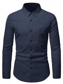 RueChic Camisa De Manga Larga De Color Sólido Para Hombres - Azul Marino - Ver 3