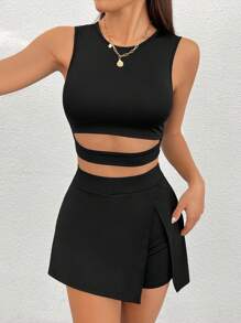 SHEIN PETITE 女士中空邊緣背心和分裂短裙套裝 - 黑色 - 查看 6