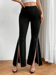 SHEIN Privé Women'S Diamond Strappy Flare Pants - Black - View 5