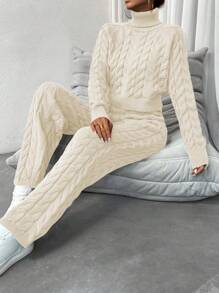 SHEIN Essnce Women's Two Pieces Set Of Twisted Knit High Neck Sweater - Beige - View 1