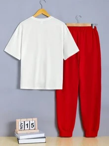 SHEIN 2入組/套青少年男孩字母印花短袖t恤和褲子套裝 - 彩色 - 查看 2