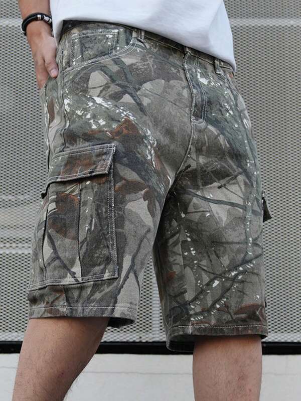 Manfinity EMRG Pantaloni scurți cargo din denim pentru bărbați, cu buzunare, verzi, cu imprimeu camo, tip pantaloni scurți cargo din denim, cadouri pentru soț sau iubit