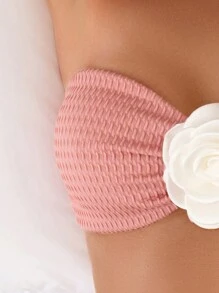 SHEIN Swim Bộ bikini khối màu đi biển mùa hè dành cho nữ có trang trí hoa 3d Valentine - Hồng - Xem 5