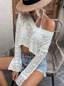 V-Neck Hollow Out Cover Up Summer - White - View 3