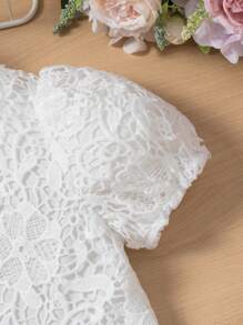 SHEIN Young Girl Puff Short Sleeve Lace Blouse - White - View 3