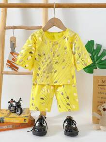 Baby Boy Simple Set Of Embossed T-Shirt And Capri Pants - Yellow - View 1