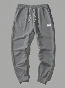 EURMUSE Men Letter Patched Drawstring Waist Sweatpants - Grey - View 3