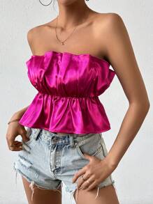 SHEIN Unity Màu thuần Xếp li Áo không dây - Màu Hồng Tươi - Xem 5
