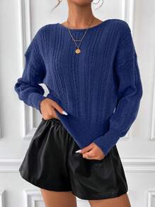 SHEIN Frenchy Lace Splicing Long Sleeve Sweater - Navy Blue - View 3