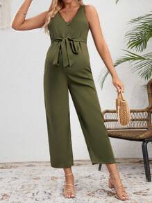 SHEIN 孕婦v領無袖連體褲,帶束腰 - 軍綠色 - 查看 4