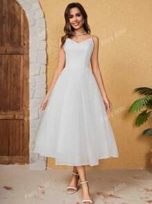 Lace & Tulle Spaghetti Strap Wedding Dress, Semi Formal Dress