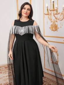Modelyn Plus Size Women's Off Shoulder Patchwork Tassel Dress Long Evening Dresses - Black - View 3