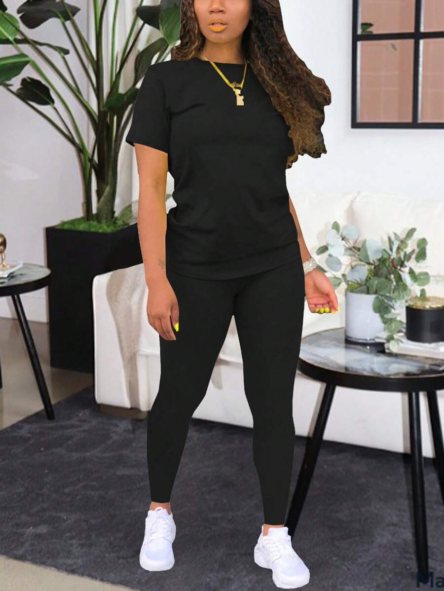 Women Solid Color Crew Neck Casual Short Sleeve T-Shirt And Pants Set - Black - View 1