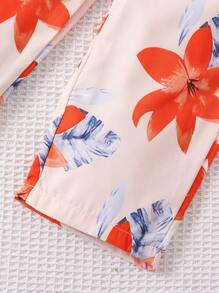 SHEIN Joven chica Top de cuello asimétrico de 2 piezas con pantalones de pierna ancha estampados con flores para vacaciones - Naranja - Ver 3