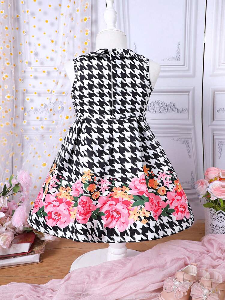 Girls' Lovely Patchwork Houndstooth & Floral Printed Dress
