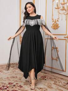 Modelyn Plus Size Women's Off Shoulder Patchwork Tassel Dress Long Evening Dresses - Black - View 5