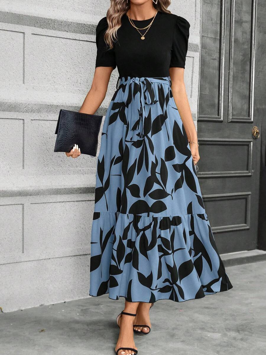 SHEIN LUNE 女式短款泡泡袖泡泡下摆连衣裙，搭配植物印花长款女装 - 霧霾藍 - 查看 1