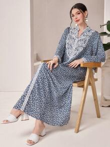 Al Najma Women's Floral Printed Long Sleeve Arabic Style Jalabiya Dress With Notch V-Neck - Multicolor - View 4