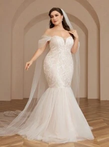 SHEIN Belle Vestido De Noiva Estilo Sereia Com Lantejoulas Barrocas Plus Size - Branco - Visão 1