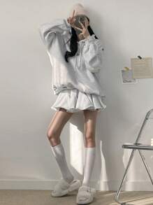 DAZY 弹性腰部休闲羊毛喇叭裙，返校服装 - 灰色 - 查看 4