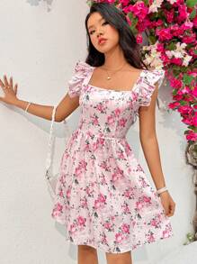 Soleia Vestido corto de mujer con mangas cortas y estampado floral