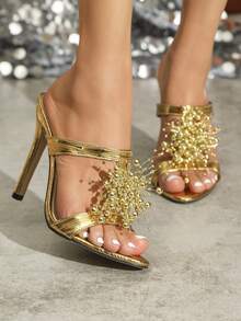 Women's Metal Flower Detail Round Toe Stiletto Heeled Sandals, Sexy & Fashionable For Parties, Shiny Gold Color - Gold - View 2