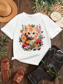 Cô gái Tween Giải trí Đơn giản Mô hình Cartoon Ngắn tay Vòng cổ Áo thun - trắng - Xem 1