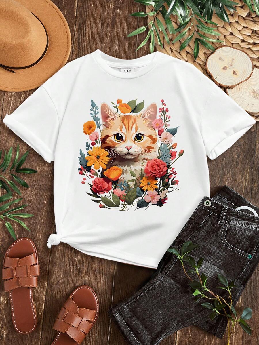 Cô gái Tween Giải trí Đơn giản Mô hình Cartoon Ngắn tay Vòng cổ Áo thun - trắng - Xem 1