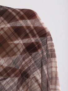 DAZY 女士不对称下摆格子长袖上衣，秋季女装可爱上衣 - 棕色 - 查看 8