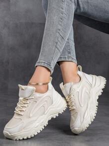 女性運動款前筒厚底運動鞋,日常女鞋時尚厚底拼色繫帶女墊鞋,女式輕量透氣戶外運動鞋網球鞋 - 米色 - 查看 3