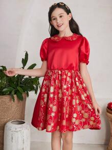 SHEIN Tween 女童彼得潘领短款泡泡袖泡泡下摆连衣裙 - 紅色 - 查看 8
