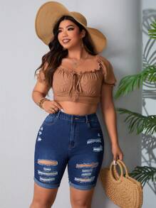 SHEIN Essnce Plus Size Ripped Skinny Denim Shorts - Dark Wash - View 4