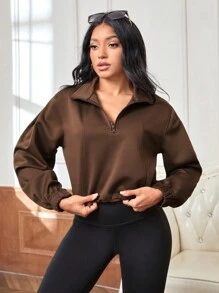 Daily&Casual 女士短款運動衫,配有下垂式領子 - 棕色 - 查看 4