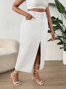 SHEIN SXY 加大碼女款分叉牛仔裙 - 白色 - 查看 5