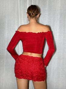 SHEIN ICON Camiseta Off Shoulder De Mujer Con Manga Larga Y Dobladillo De Volante Rojo Estilo Y2k - Rojo - Ver 3