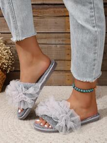 毛毛拖鞋女式室內拖鞋,時尚舒適平底拖鞋 - 灰色 - 查看 5