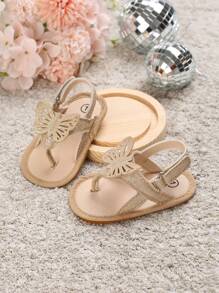 Summer Infant 女童甜美时尚防滑凉鞋，带 PU 蝴蝶装饰和软橡胶鞋底 - 金色 - 查看 1