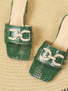 女士时尚高跟绿色日常凉鞋，带绑带和金属细节 - 綠色 - 查看 3