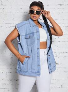 Plus Size Butterfly Print Denim Jacket - Light Wash - View 3